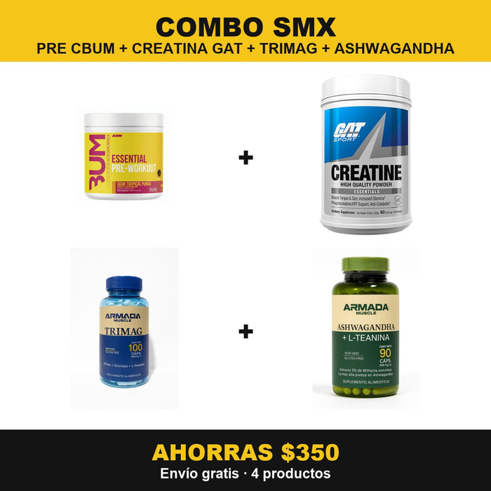 Combo Pre-entreno y Fuerza: Essential CBUM + Creatina GAT + Trimag + Ashwagandha Armada