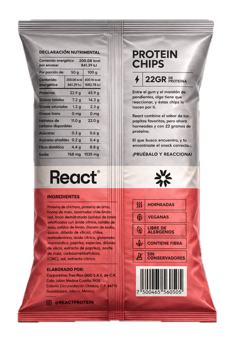 React CAJA DE 8 Chips de Proteína - Sabor Chile-Limón